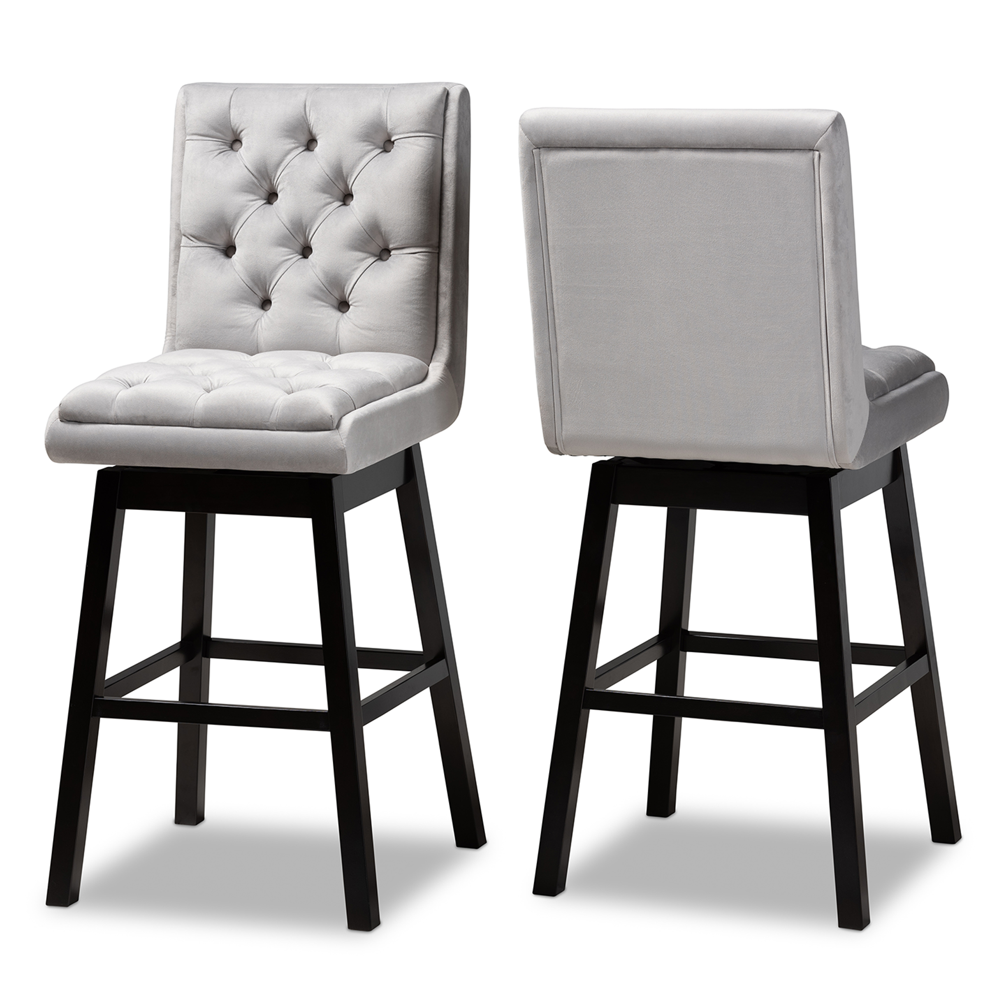 Baxton Studio Gregory Modern Transitional Light Grey Velvet Fabric Upholstered and Dark Brown Finished Wood 2-Piece Swivel Bar Stool Set